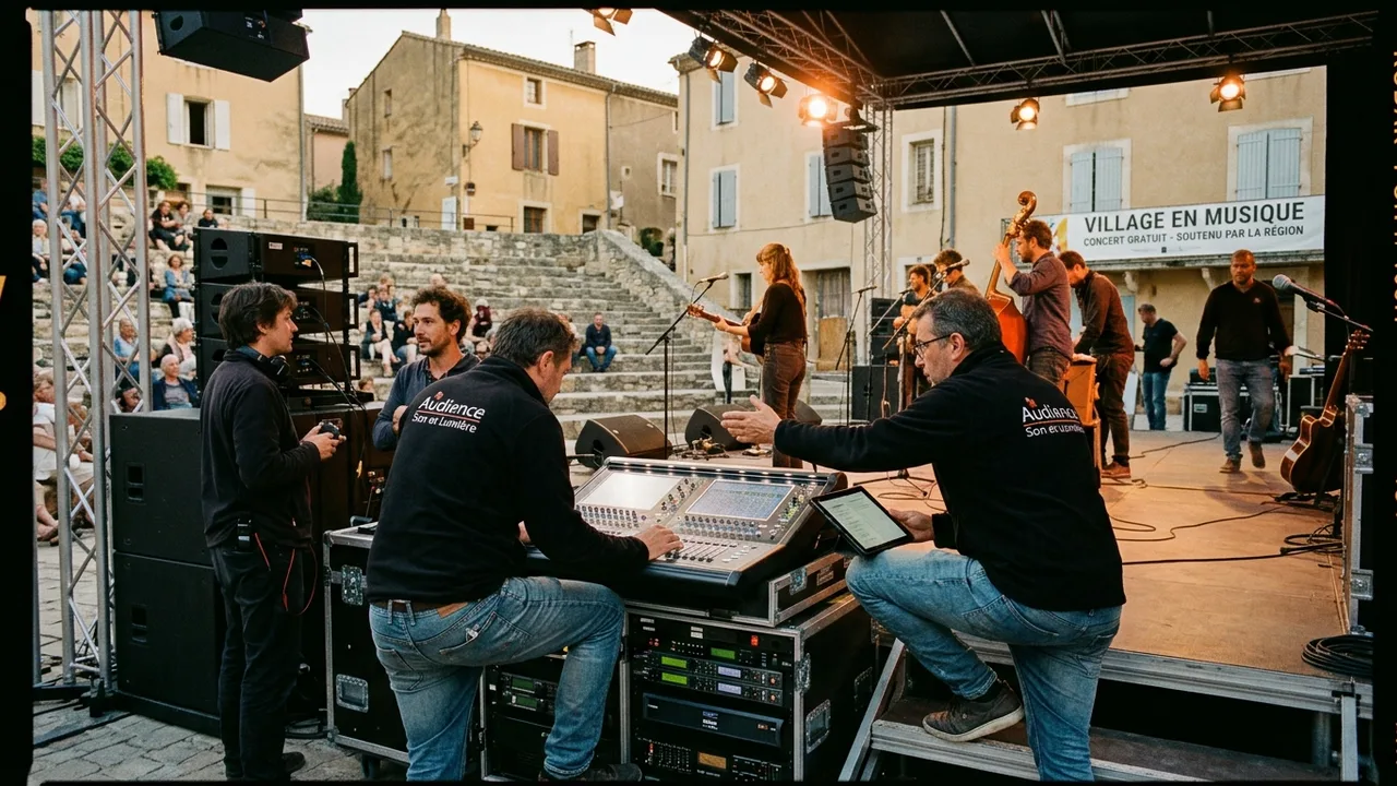 Techniciens du son et bénévoles réalisant une balance acoustique